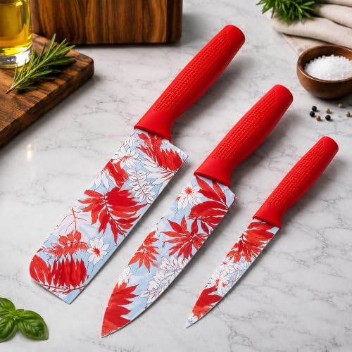 Image of BRAND VILLA Kitchen Knife Set of 3, Ultra Sharp Stainless Steel Chef Knife, Utility Knife & Paring Knife, Non-Stick Coated Blades, Ergonomic Anti-Slip Handle for Fruits, Vegetables & Meat (Red)