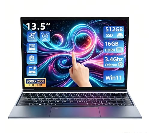 Image of 13.5inch Touchscreen Laptop with 16GB RAM, 512GB SSD, 3K (3000x2000) IPS, Celeron N95 Processor up to 3.4 GHz, Win 11,Backlit Keyboard, Fingerprint Unlocking