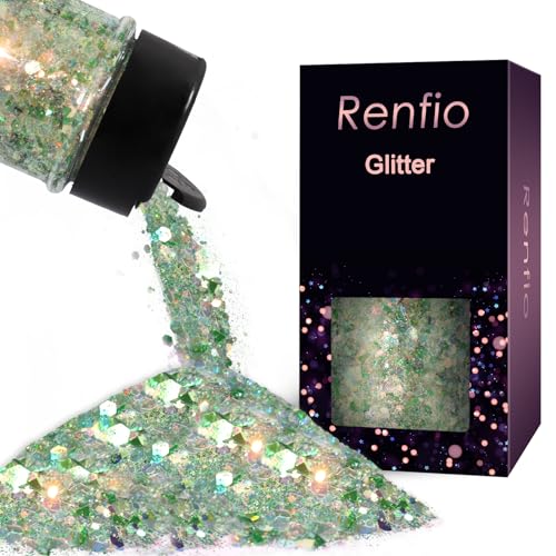 Renfio Opal Chunky Glitter 1.75oz/50g Green Glitter Dreamy High Sparkle Glitter for Crafts Holographic Fine Glitter Mix Iridescent Glitters Flake for Resin Nails Art Hair DIY Snow - Green Pinery