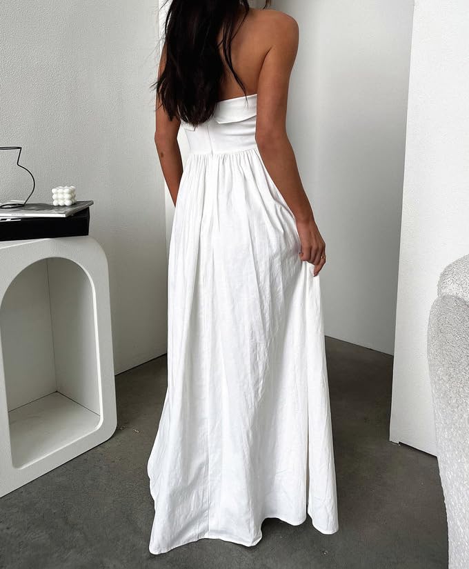 Women Summer Strapless Maxi Tube Dress 2024 Trendy Solid Pleated Flowy Dress Wedding Guest Maxi Dresses Party Club4