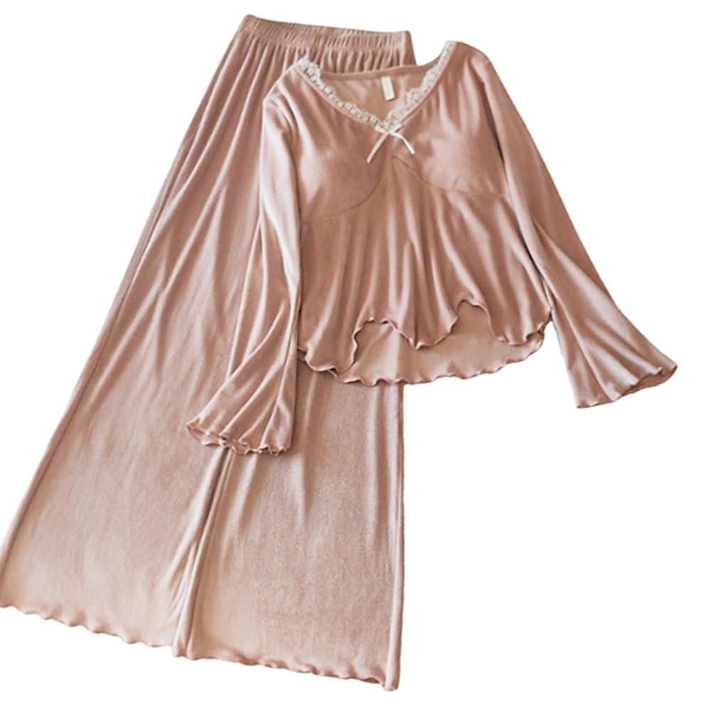 Harssidanzar Island Velvet Long Sleeve Lace Two Piece Set with Chest Cushion and Thin Velvet Home Suit Set, DL104