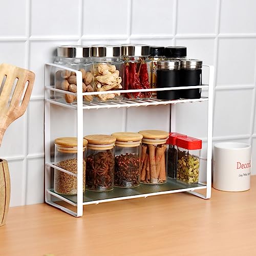 Image of Decorlay Metal 2-Tier Kitchen Organizer Spice Rack | Bartan Stand | Jars and Bottle Holder | Storage Rack For Kitchen - White | Countertop, Tabletop | Size: 33x13x29cm