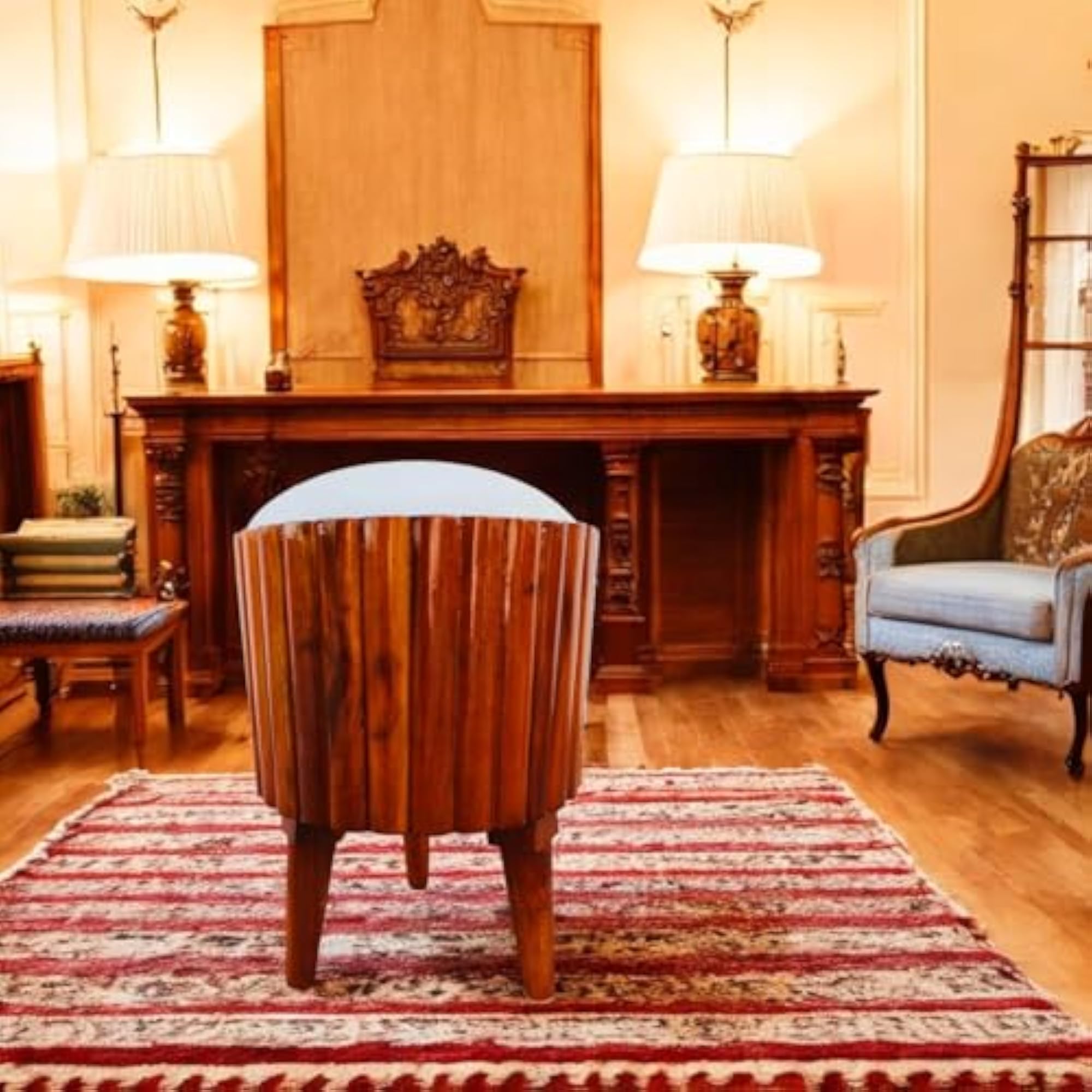 Wooden Accent Stool with Slatted Barrel Design & Cushioned Seat
