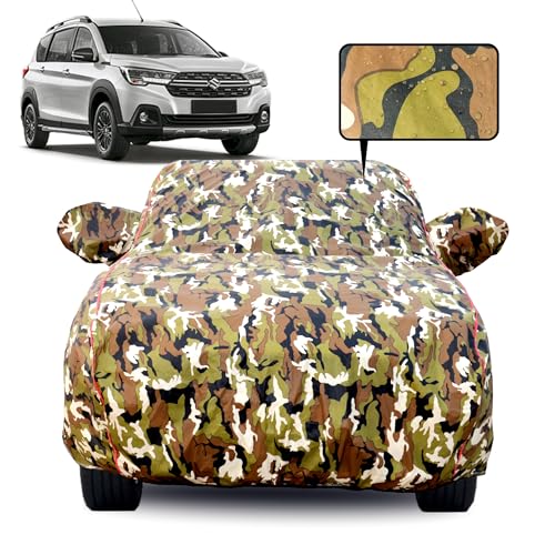 Image of Waterproof Car Body Cover for Maruti Suzuki XL6 (Long Antenna) with Mirror Pocket, Soft Cotton Lining, Triple Stitched, Full Bottom Elastic (Heat Resistant Jungle Print with Red Piping)