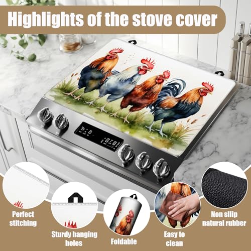 Image of Rustic Rooster Stove Top Covers for Electric Stove,Farmhouse Electric Gas Stove Pad Heat Resistant Range Cooktop Protector for Home Decor Kitchen 28 inchx20 inch
