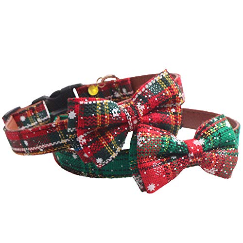 Image of 2 Pack /Set Christmas Snowflake Dog Collars Breakaway with Bow Tie and Bells for Cat and Small /Medium /Large Pets, Red & Green (M(11.8''-17.8''), Red+Green)