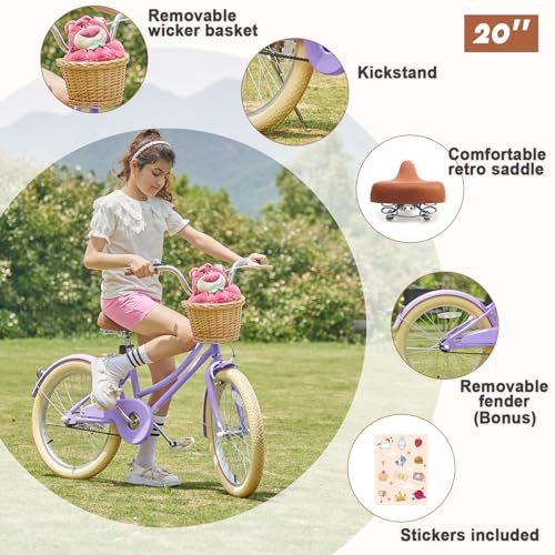 Image of Glerc Little Molly 12-20 Inch Kids Retro Cruiser Bike for 2-13 Year Old with Wicker Basket & Training Wheels /Kickstand, Multiple Colors