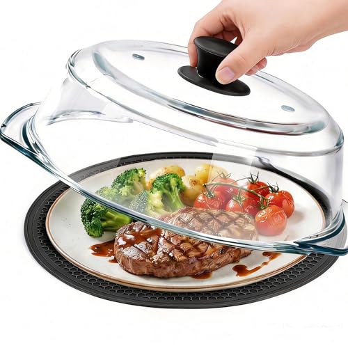 Glass Microwave Splatter Cover for Food with Microwave Place Mat - Sturdy Plate Guard Lid with Vent Holes and Easy-Grip Silicone Handle - BPA Free Dishwasher Safe (Black)