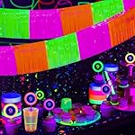 Mega-L Glow in The Dark Party Supplies, 4 Pack Foil Fringe Garland Birthday Party Decorations 9.8 ft Fluorescent Macaron Orange, Yellow and Fuchsia Metallic Tinsel Banner, Photo Booth Prop Table Skirt - Image 4