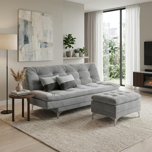 Image of FURNY Eagel 3 Seater Fabric Sofa Cum Bed with 2 Cushions (Light Grey) with Velvet Fabric | Durable with Comfort | Perfect for Living Room, Bedrooms, Offices