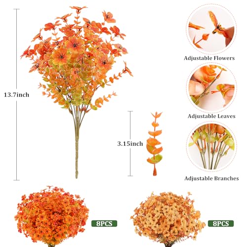 Image of AmyHomie 16 PCS Artificial Fall Flowers for Outdoors, Orange Fake Mums