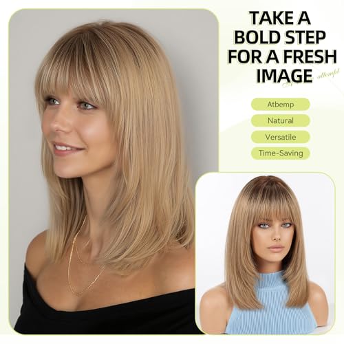Image of RSY 14 Inch Ombre Ash Blonde Straight and Layered Real Human Hair Wigs for Women with Bangs