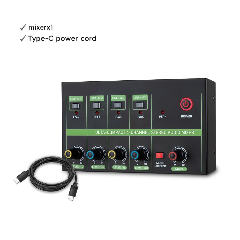 Mélangeur Audio à 4 Canaux, Microphone Portable, Mélangeur Audio Stéréo avec Commutation de Mode Ligne/micro pour Musiciens et Podcasteurs