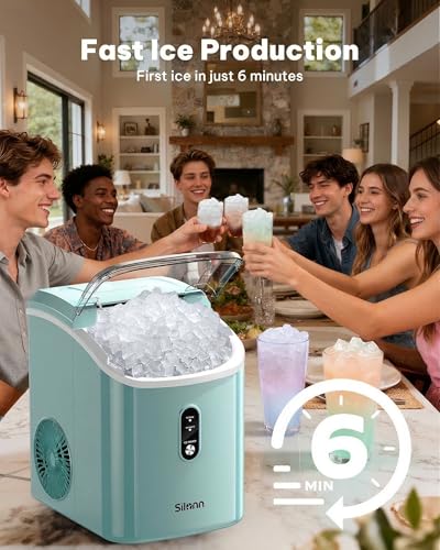 Image of Silonn Nugget Ice Maker Countertop, Chewable Pellet Ice Machine with Self-Cleaning, Portable Pebble Ice Maker with Ice Scoop for Home, Kitchen & Office, Green