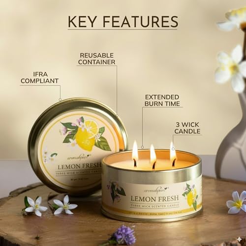 Image of Aromahpure Lemon 3 Wick Candle in Container with Lid | 85g | Burn Time 7 Hours | Scented Candle | Relaxing Aromatherapy Candles for Home Decor, Gifting, Bedroom & Spa