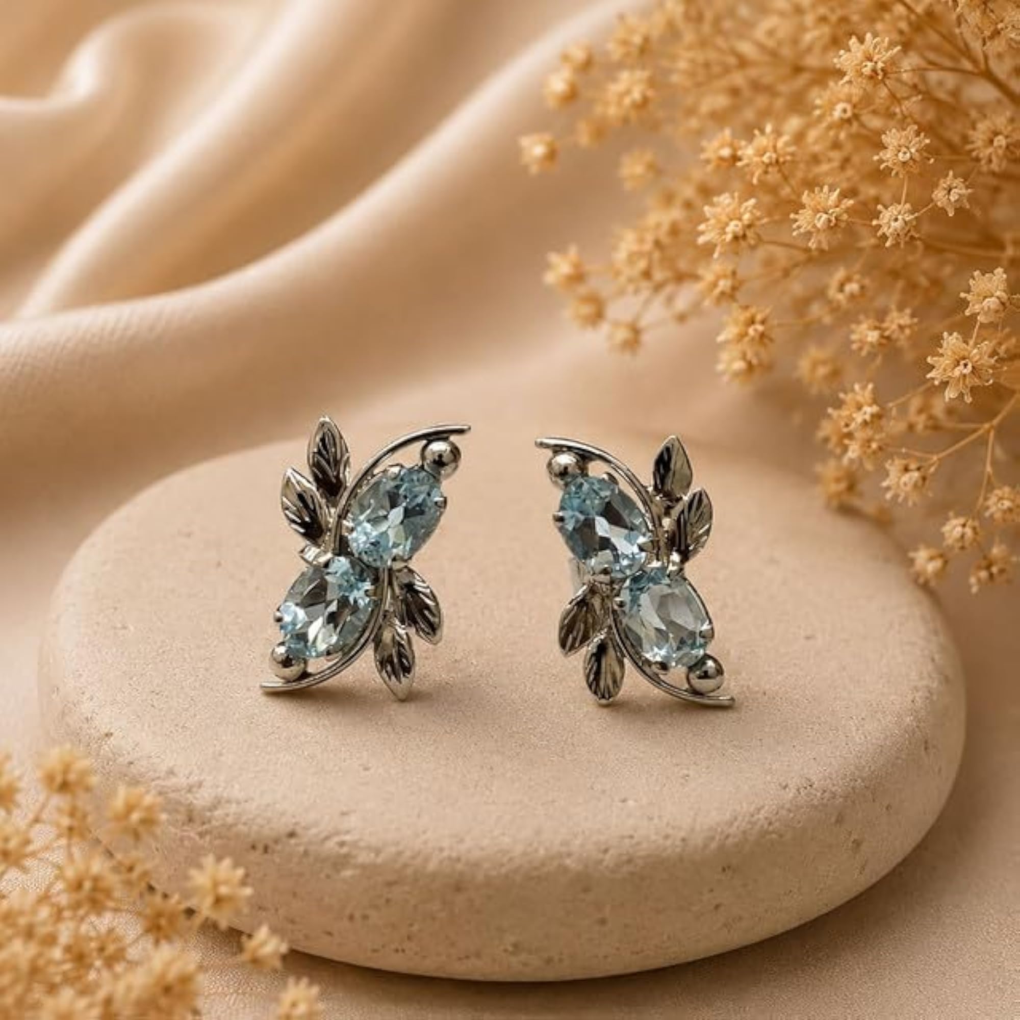 Women's 925 Sterling Silver Topaz Leaf Stud Earrings, Rhodium Plated