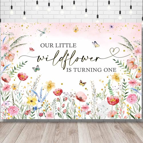Sensfun Wildflower Happy 1st Birthday Backdrop for Girls Wild Flower First Birthday Party Decorations Floral Our Little Wildflower is Turning One Banner Photography Background Photo Booth Props 7x5ft
