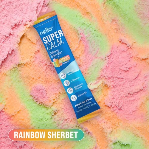 Image of Nello Supercalm Powdered Drink Mix, Cortisol Reducer and Sleep Aid Supplement, L Theanine, Ksm-66 Ashwagandha, Magnesium Glycinate, Vitamin D 3, No Sugar, Non GMO, On The Go, 20 Ct, Rainbow Sherbet