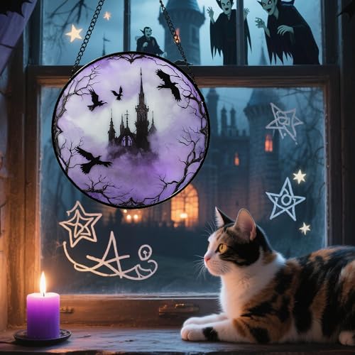 Image of Stained Glass Window Hanging - Halloween Gothic Castle Purple Smoke Suncatcher for Doors Garden Home Spooky Crow Sun Catchers Gothic Decor Horror Gift for Women Men Friend Boy Girl 7.8 in