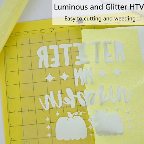 Image of HTVVETUR Glitter Yellow Heat Transfer Vinyl, Glow in The Dark HTV Vinyl Roll 12 inch x 9ft, Easy to Cut & Weed for Heat Press DIY Craft