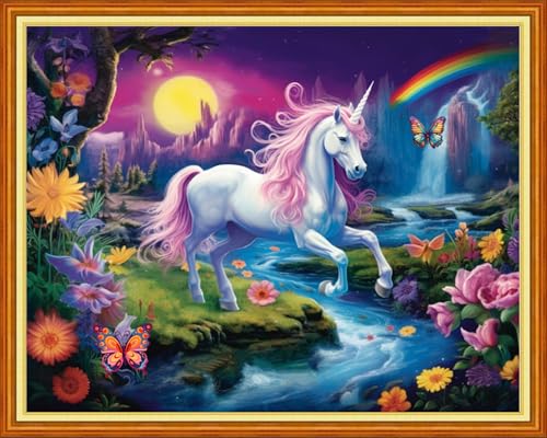Image of Findvoor Stamped Cross Stitch Kits for Beginner Embroidery Kits for Beginners Adults DIY 11CT Cross Stitch Patterns Needlepoint Kits Crossstitching Kits-Unicorn Landscape 16x20 inch