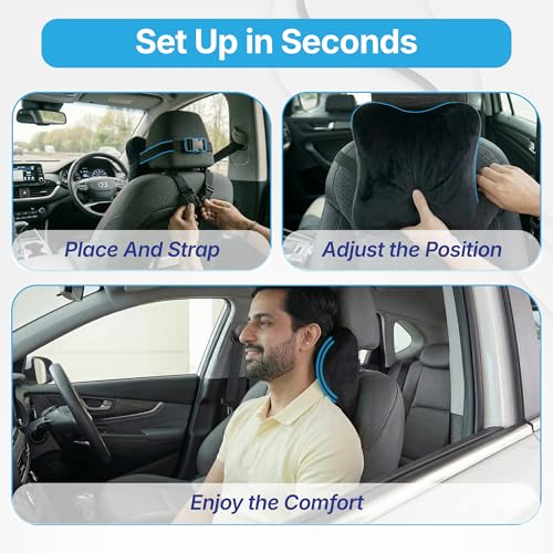 Image of Kingsway Car Accessories Neck Rest Seat Cushion, Universal Use, Long Drive Travel Orthopedic Headrest Car Memory Foam Pillow in Black, Super Soft and Super Comfort with 2 Adjustable Strap, Pack of 1