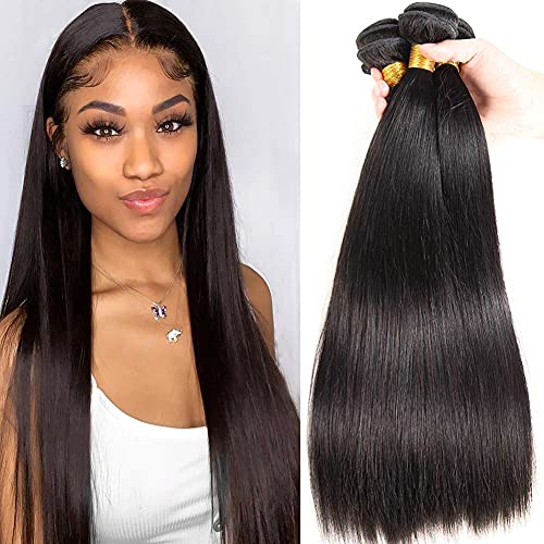 Straight Human Hair Bundles Brazilian Straight Bundles 100% Unprocessed Virgin Hair Bundles 9A Straight Hair 3 Bundles Natural Black (12 14 16)