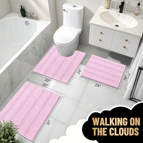 Image of OLANLY Thick Bathroom Runner Rugs 44x24, Extra Absorbent Chenille Striped Bath Rugs, Rubber Backing, Machine Wash Dry, Long Bath Mats for Bathroom Floor, Tub and Shower, Home Decor Accessories, Pink