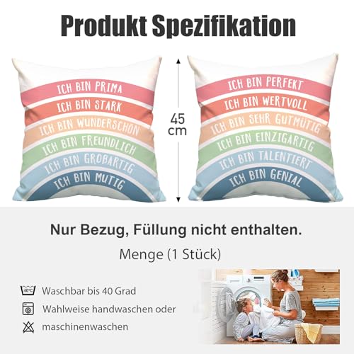 BETESSIN Geschenk Einschulung Mädchen - Boho-Regenbogen Kissenbezug mit Inspirierenden Sprüchen - Mutmacher Geschenke für Frauen - Schultüte Füllen Ideen zum Schulanfang - 45x45cm