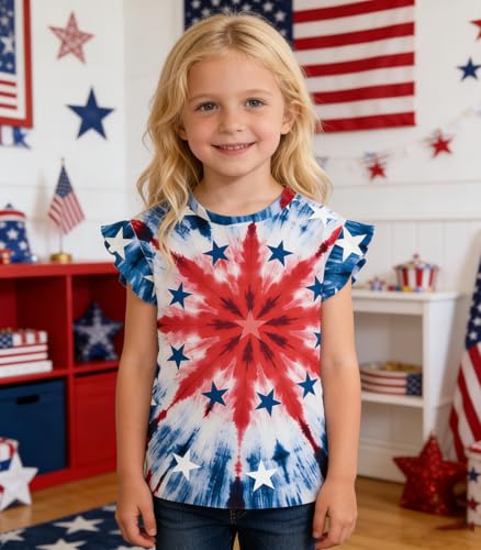 Image of Tkria Girls 4th of July Tank Tops Red White and Blue Shirt Toddler Girl American Flag Patriotic Outfit 2-7 Years