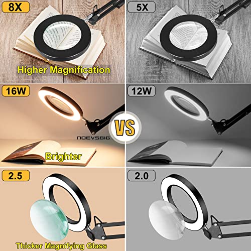 Magnifying Glass With Light, 8X Magnifying Glass Desk Lamp With 3-Section Swing Arm And Big Clamp, 3 Adjustable Lighting, 11 Level Brightness Magnifier Light For Reading/Office/Soldering 18W #TOP3