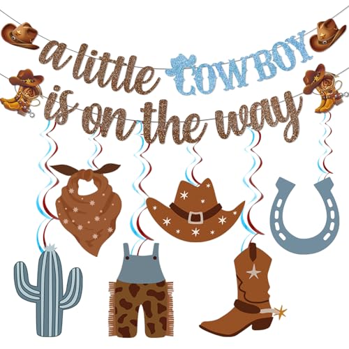 Image of A Little Cowboy Is On The Way Banner Cowboy Baby Shower Decorations Western Baby Shower Decorations with Cowboy Decorations Hanging Swirls Cowboy Party Decorations for Baby Boy Shower Decorations