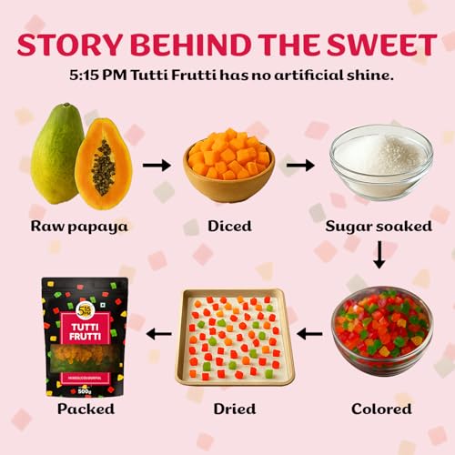 Image of 5:15PM Tutti Frutti Packet 500gm | Mix Tutti Frutti Cherry for Cake Baking | Dried Mix Multicolour Papaya Pieces | Sweet Cherries - 500gm