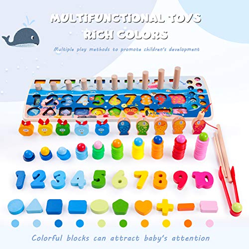 Rolimate Wooden Number Puzzle Sorting Stacking Toys, Shape Sorter Counting Game for 3 4 5+ Years Old Boys and Grils, Magnetic Fishing Game Learning Montessori Toys - Thumbnail 6