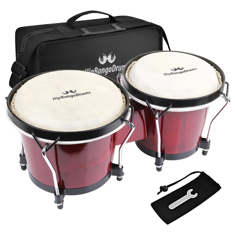 Bongo Drum Set for Adults Kids Beginners Professionals, Upgrade Packaging, Set of 6 and 7 inch Tunable Percussion Instruments, Natural Animal Hides Hickory Shells Wood Metal with Tuning Wrench