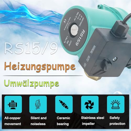 MECUTP Umwälzpumpe | RS15/9 Heizungspumpe, 125W Zirkulationspumpe Warmwasser Max Förderhöhe 9m, umwälzpumpe heizung Max Durchfluss 1.8m³/h - Einlass/Auslass Durchmesser NPT 3/4