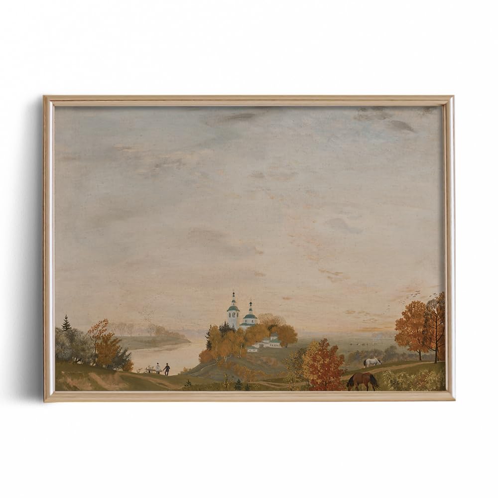 Rustic Farmhouse Wall Art Decor - Fall Autumn Forest Horse Meadow - 11x14" - Boho Art Deco Landscape Picture for Bathroom - French Country Kitchen Print Poster - Neutral Aesthetic Vintage CottageCore