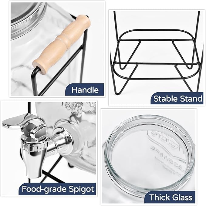 Image of Glass Beverage Dispenser with Metal Stand, 5 Liter Drink Container with Spigot and Wooden Handle Perfect ForJuice Infused Water Beer Dispenser Party,Bars,Home & Restaurants Set of 1