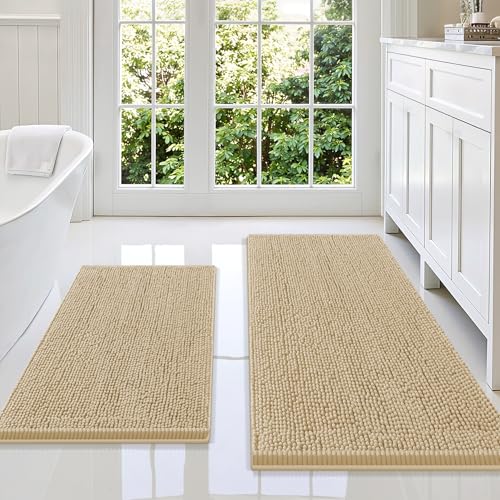 Image of Smiry Bathroom Rugs Sets 2 Piece, Soft Absorbent Chenille Machine Washable Non Slip Shaggy Bath Rug Set for Tub, Shower, and Floor (47x20+30x20, Beige)