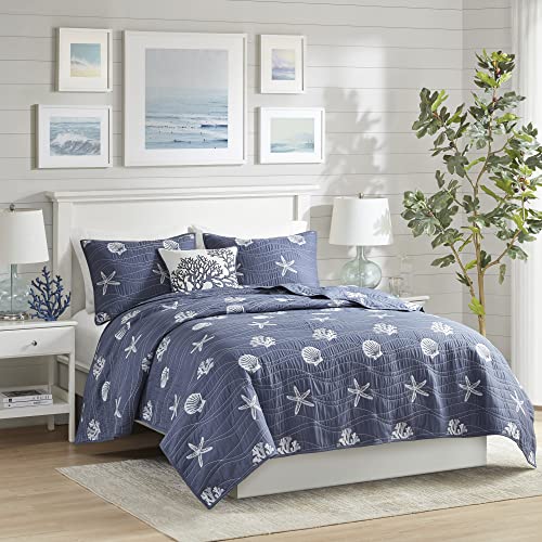 Harbor House Seaside - Juego de edredón reversible de algodón, almeja costera, estrella de mar, bordado de coral, para todas las estaciones, capa de ropa de cama prelavada, almohada decorativa,