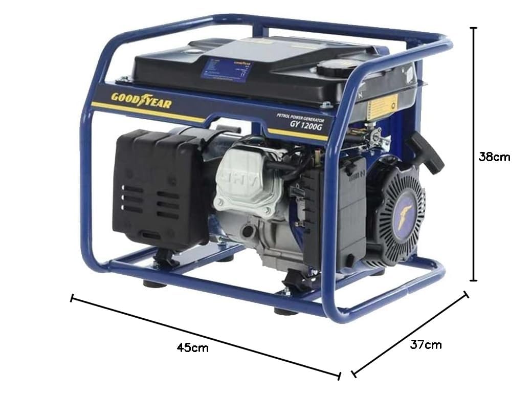 Goodyear - Generador Eléctrico Silencioso 1.000 W. 230V Tensión Nominal. Motor 4 tiempos OHV. Arranque Manual. Regulador Automático Tensión AVR. Depósito Gasolina 6 L