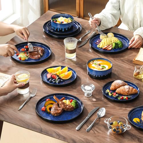 Image of vancasso Starry Plates and Bowls Sets,12 Pieces Blue Dinnerware Sets for Kitchen,Modern Stoneware Dishes Set for 4,Dishwasher and Microwave Safe