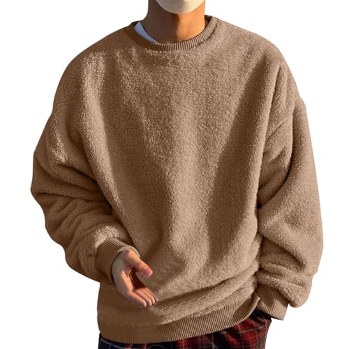 Mens Fuzzy Sherpa Sweatshirt Long Sleeve Fluffy Crew Neck Pullover Cozy Basic Unisex Fall Winter Warm Top Outwears