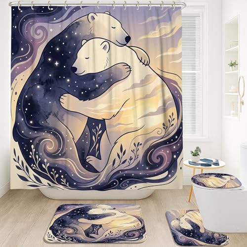 Rideau de douche anti-éclaboussures en polyester imperméable avec tapis oursons - 3