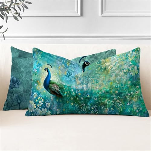 Funda Cojin 70x90, Juego de 2 Cojines Exterior Verde Fundas Cojines Rectangulares Pavo real Funda Almohada Impermeable, Cogines Sofá con Cremallera Invisible para Sala de Estar Jardín Coche J2-15