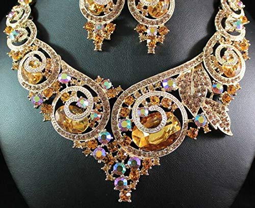 Ornate Austrian Rhinestone Bib Statement Necklace Earring Set Bridal N1669G Gold #TOP2