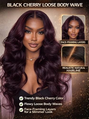 Image of Beauty Forever 13x4 Pre-Everything Lace Frontal Glueless Wig Human Hair Pre Plucked Pre Cut Black Cherry Loose Body Wave Drawstring Wig With Face Framing Layers Ready to Go Wigs 150% Density 26inch
