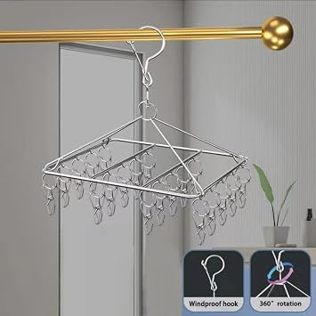 Stainless Steel Sock Drying Rack, Swivel Hook Wind-proof Clothes Hanger Rack for Socks, Underwear, Shoe Insoles, Baby Clothes, Gloves with 20 Pegs