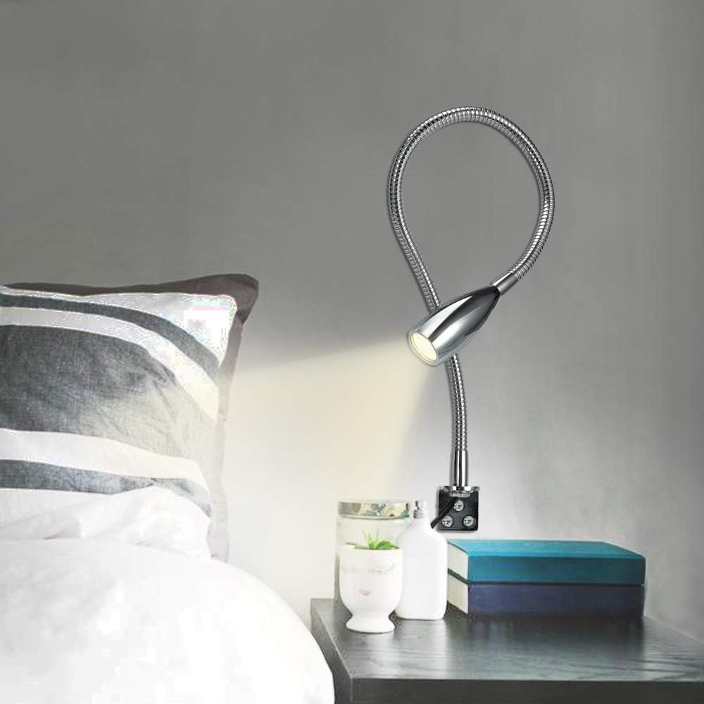 LED-Leselampe, Nachttischlampen, 200Lm / 3000K / 3W / 110-240V AC, Abstrahlwinkel: 30°, Schwanenhalslänge: 48cm, Netzkabellänge: 2m, Warmweiß, 2 Stück (Ein- / Aus-Schalter)