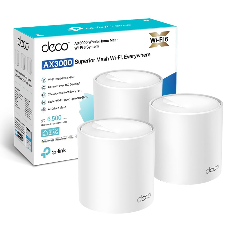 TP-Link Deco X50 Pro Mesh WiFi 6 AX3000Mbps Dual Band, Copertura fino a 600m², 2 Porte 2.5G, Connetti più di 150 Dispositivi, 4 Stream, OFDMA, MU-MIMO, WPA3, HomeShield, 3pz
